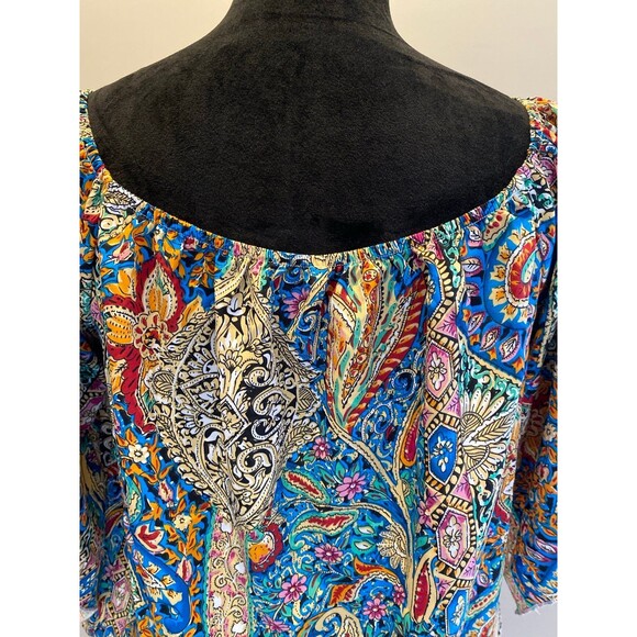 Paisley Blouse Size Large Off or On Shoulder Deep Blue Pink Elastic Neckline Top - Picture 1 of 11